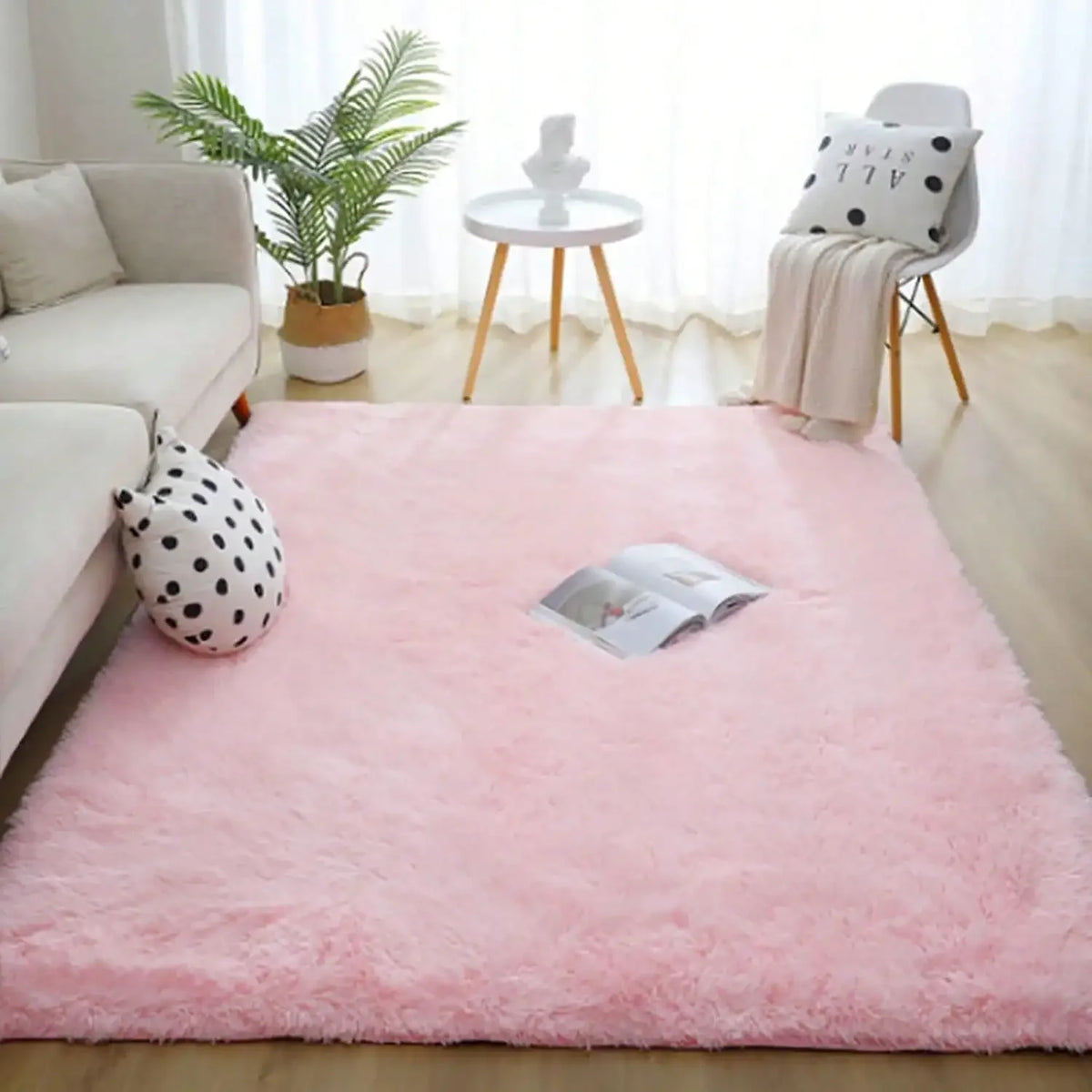 Black Plush Long-Pile Carpet, Soft Non-Slip Rug
