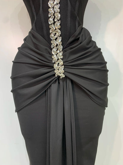 Black Off Shoulder Bodycon Dress with Diamonds