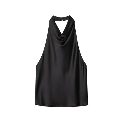 Black Satin Backless Halter Top for Women