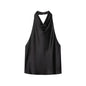 Black Satin Backless Halter Top for Women