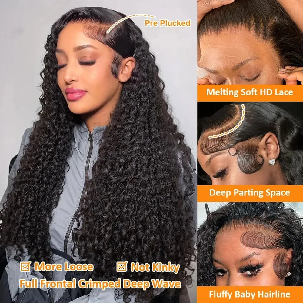38 40 Inch Deep Wave Lace Front Wig Natural Color