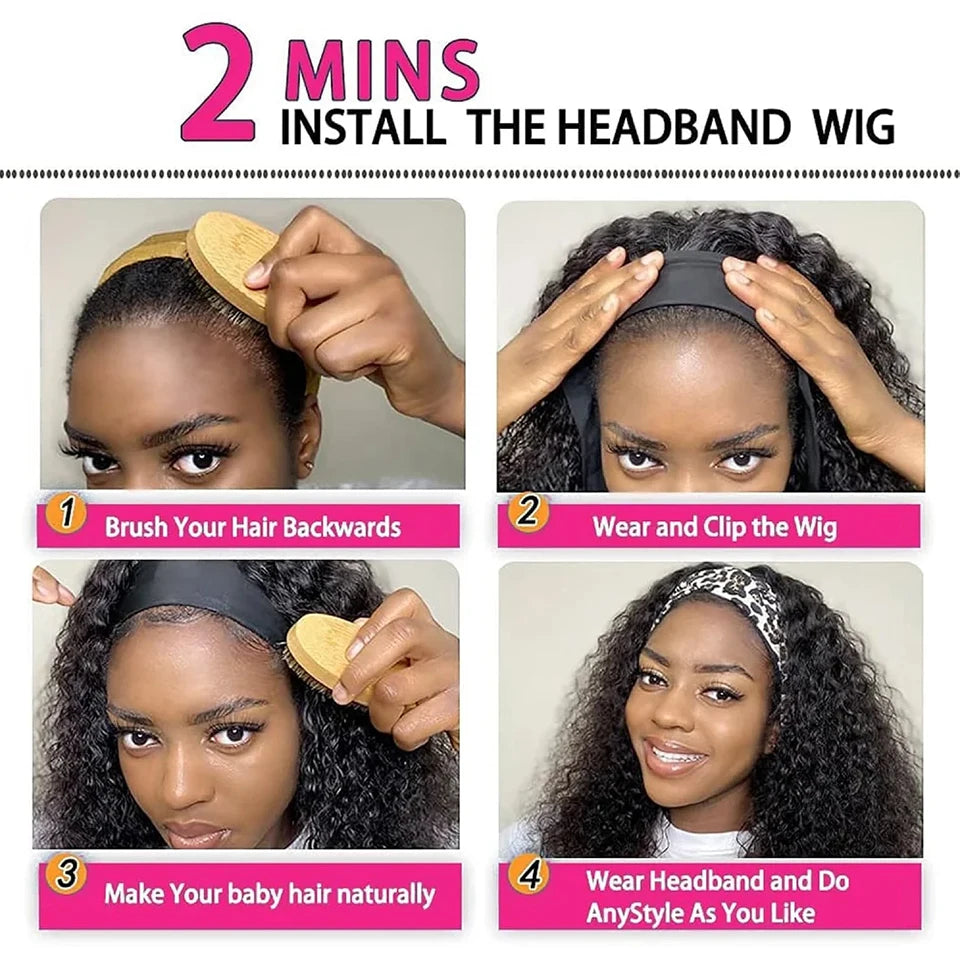 Curly Headband Wig Human Hair Kinky Curly 250 Density