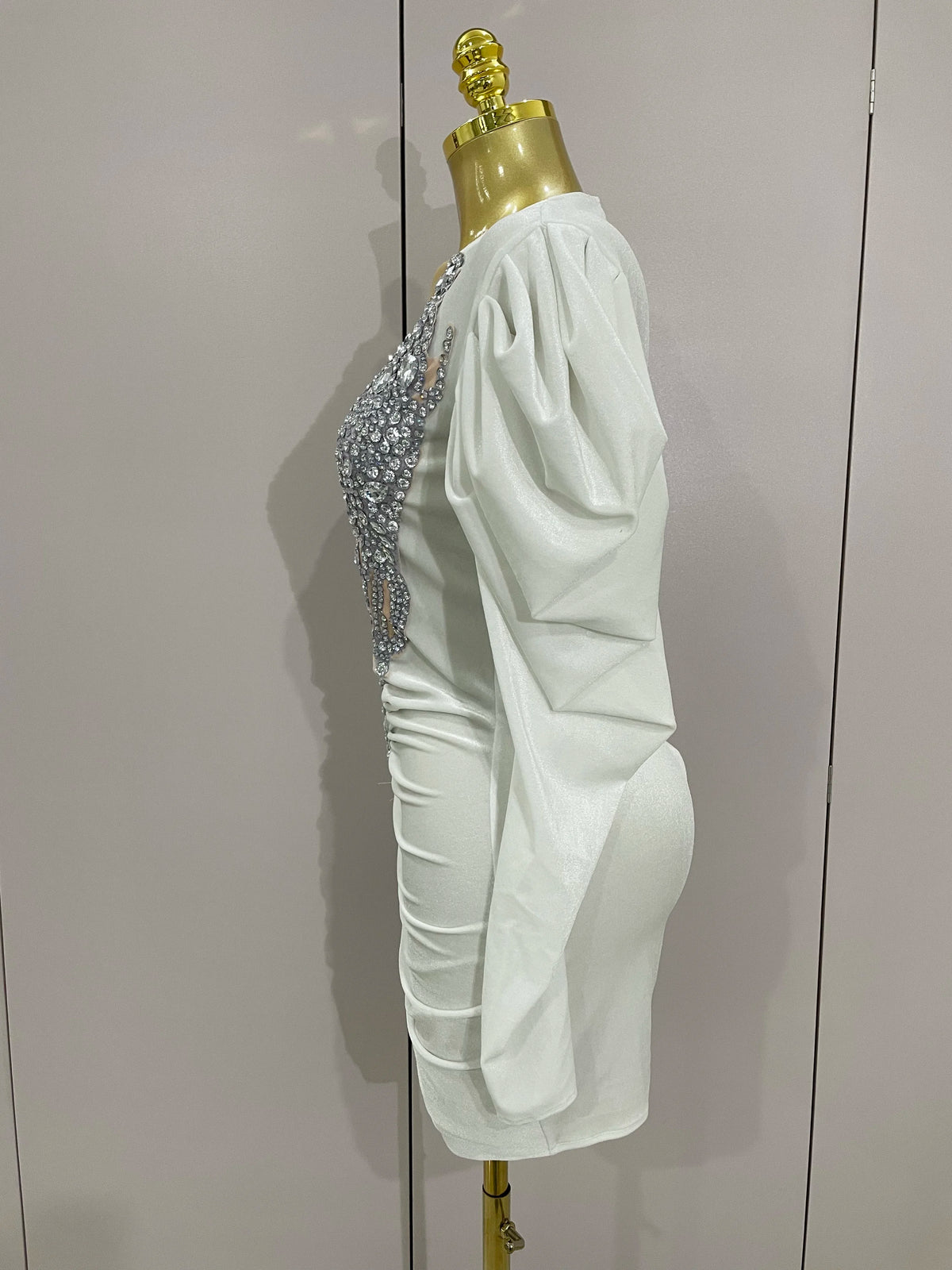 White Velvet Sexy Mesh Short Dress with Crystals