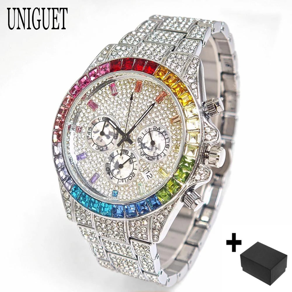 Fashion Gold Quartz Wristwatch for Men with Rainbow Diamonds