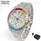 Fashion Gold Quartz Wristwatch for Men with Rainbow Diamonds