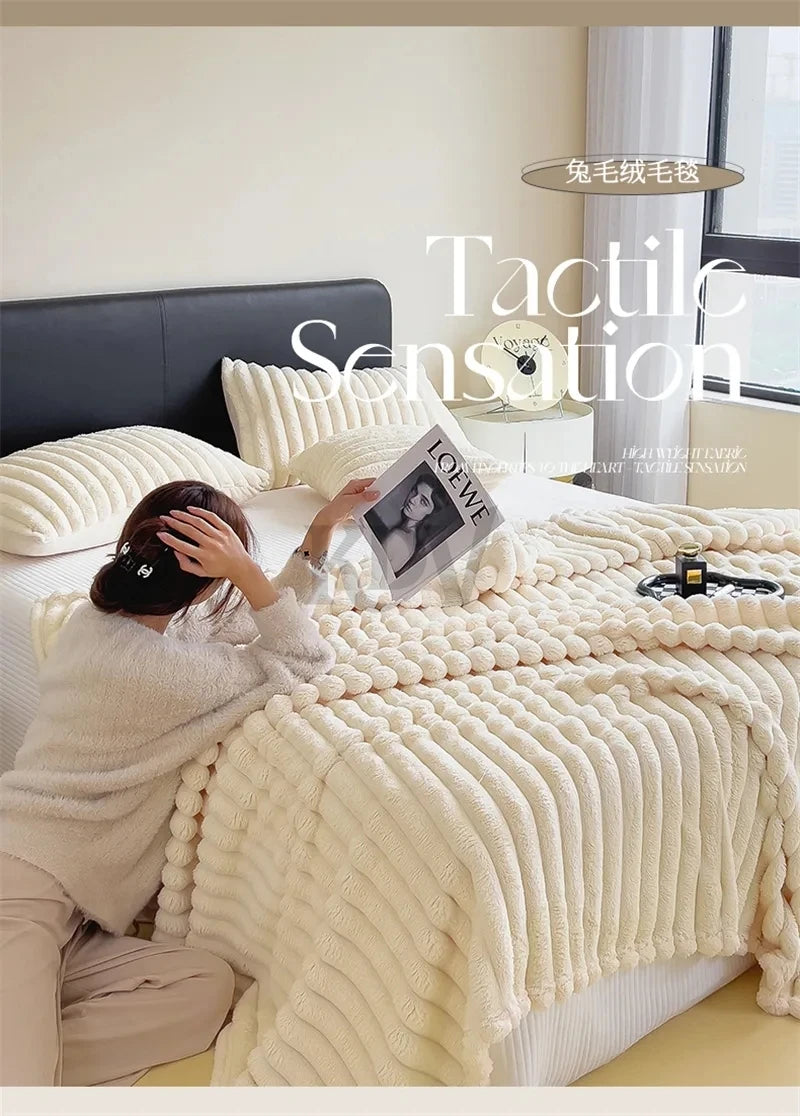 Luxury Faux Rabbit Fur Throw Blanket Solid Color Plush