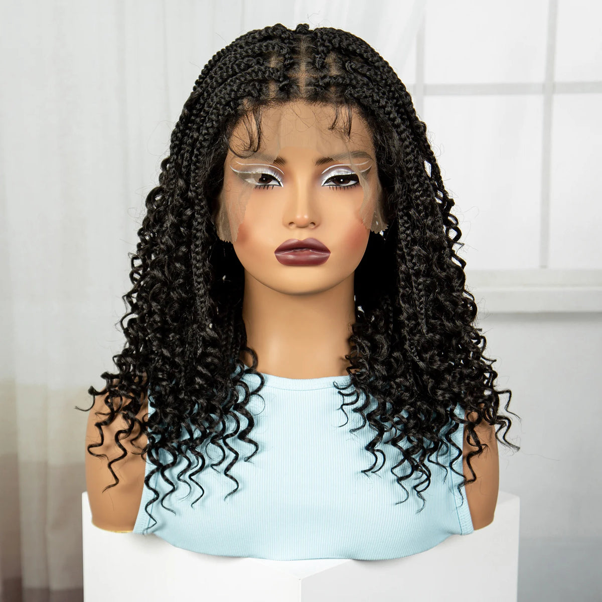 Knotless Box Braided Wigs with Curly Ends 16 Inches Synthetic