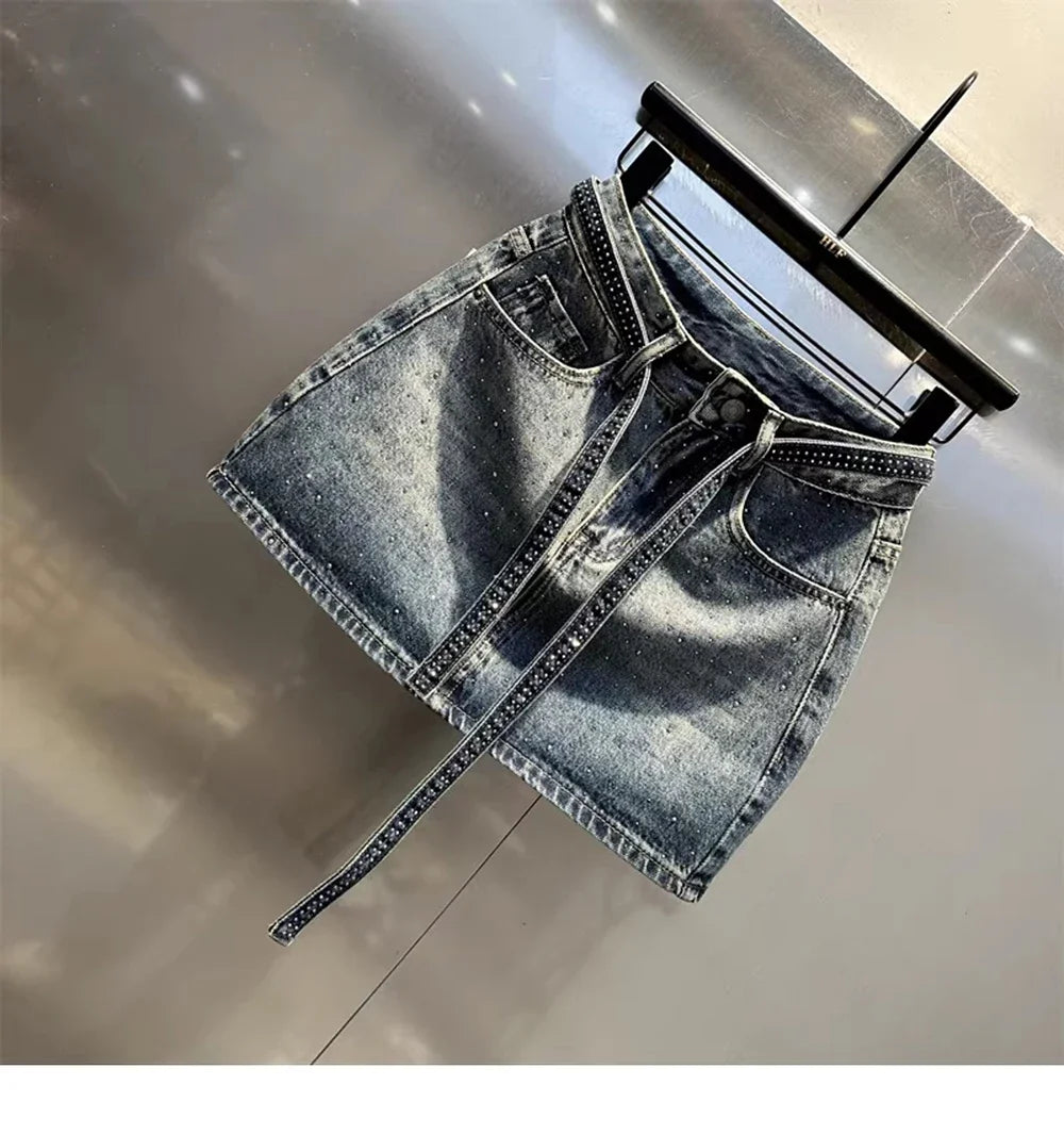 Oversize Diamond Denim Mini Skirt Women Gradient Black Grey
