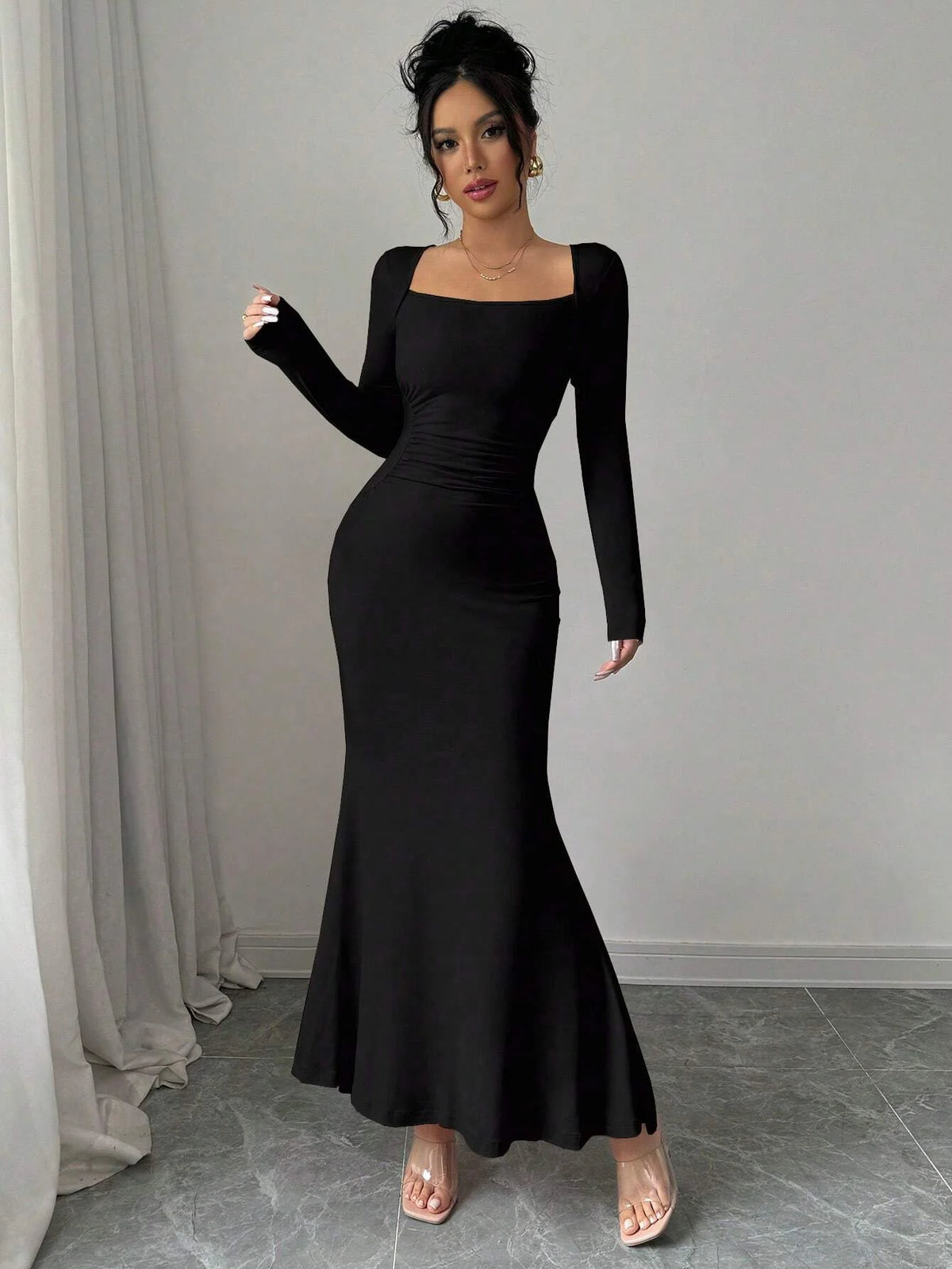 Elegant Retro Solid Color Square Collar Long Sleeve Dress