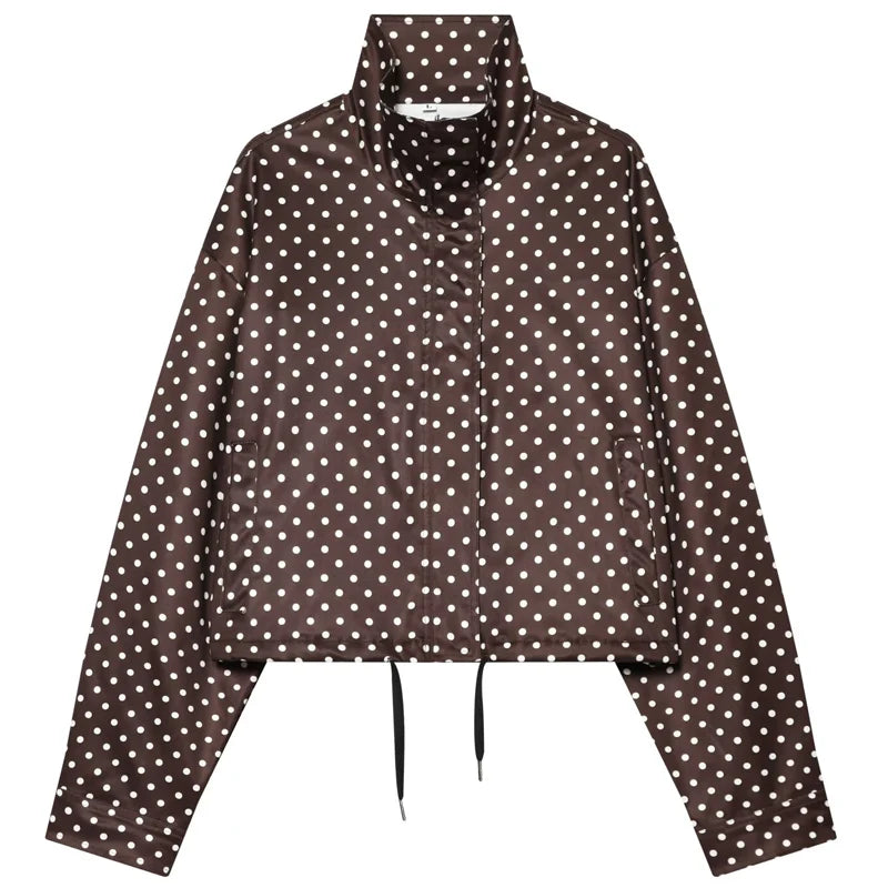 Polka Dot Bomber Jacket Women's Zip Up Crop Coat