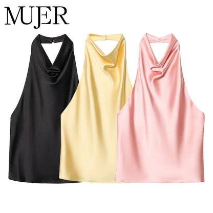 Black Satin Backless Halter Top for Women