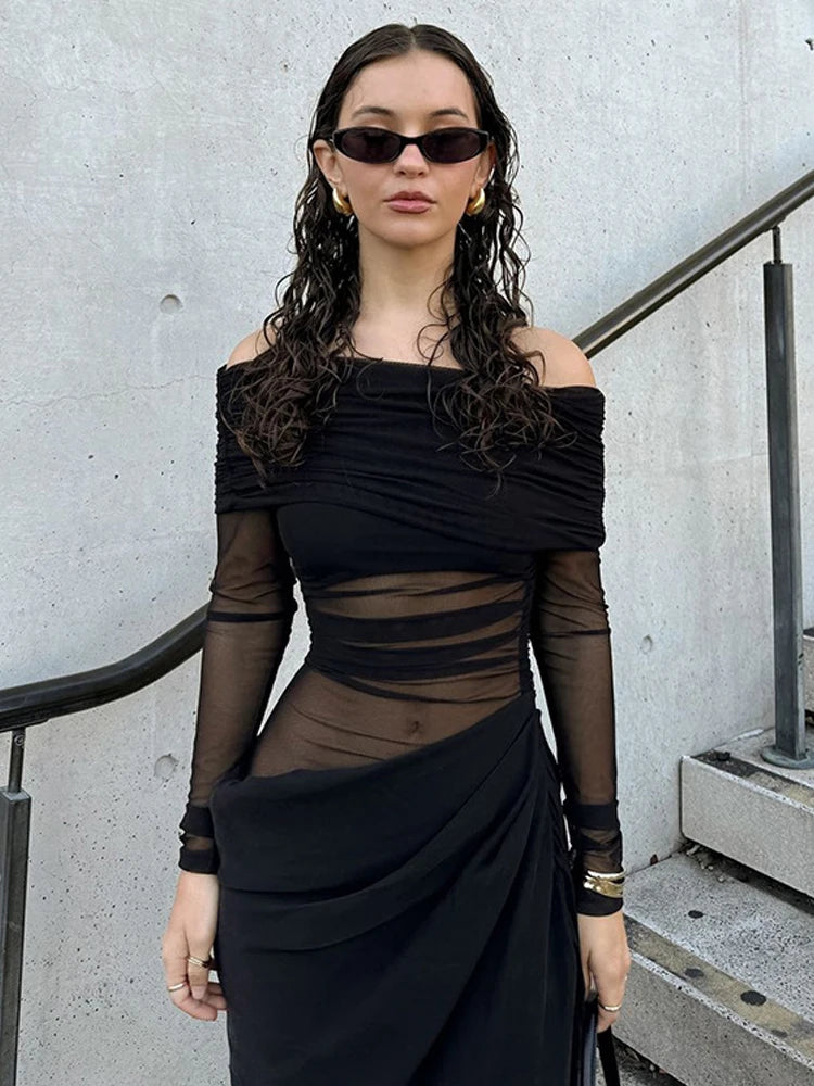 Elegant Slash Neck Ruched Mesh Dress for Women