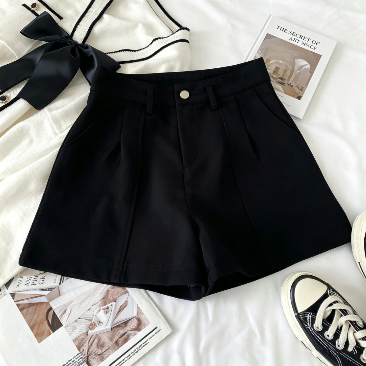 Vintage Solid High Waist A-Line Shorts for Women