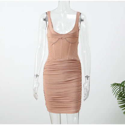 Elegant Fishbone V-neck Mini Dress Women Sleeveless Polyester