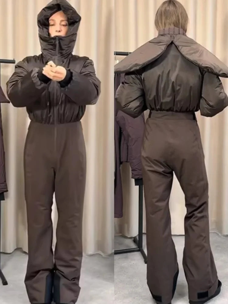 Hooded One-Piece Ski Jumpsuit for Women Windproof Outwear