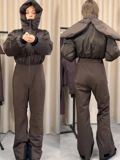 Hooded One-Piece Ski Jumpsuit for Women Windproof Outwear