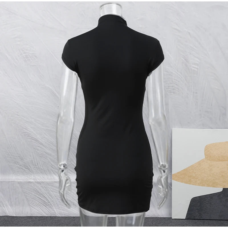 Kpop Black Hollow Out Mini Dress Women Elegant Turtleneck