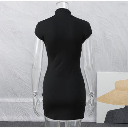 Kpop Black Hollow Out Mini Dress Women Elegant Turtleneck