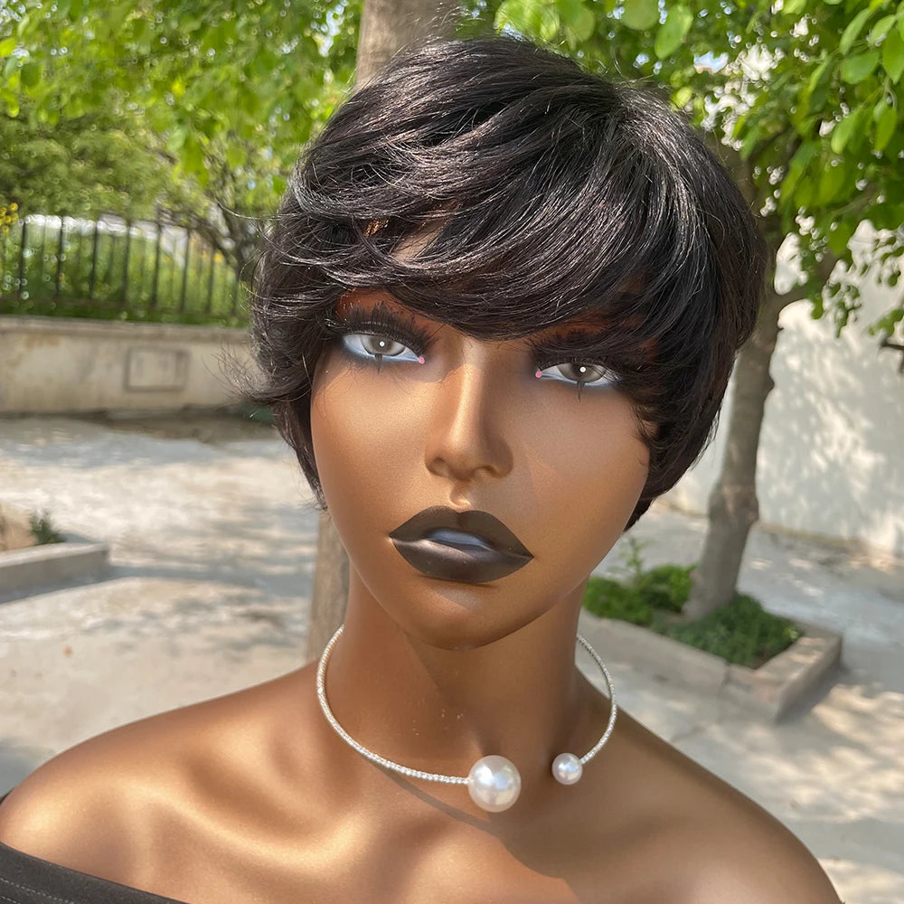 Short Pixie Cut Human Hair Wig with Bangs for Women