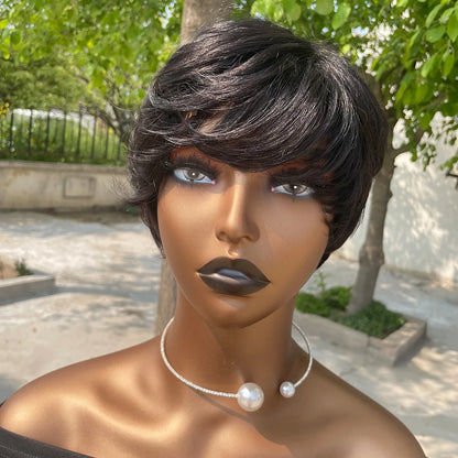 Short Pixie Cut Human Hair Wig with Bangs for Women