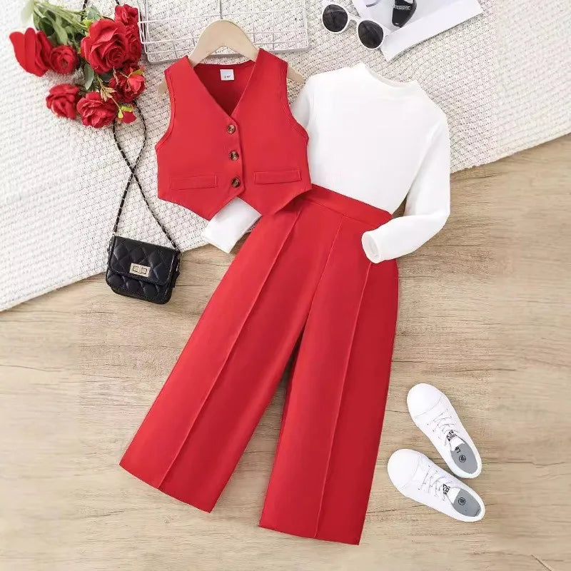 Girls White Long Sleeve Top Red Waistcoat Trousers Set