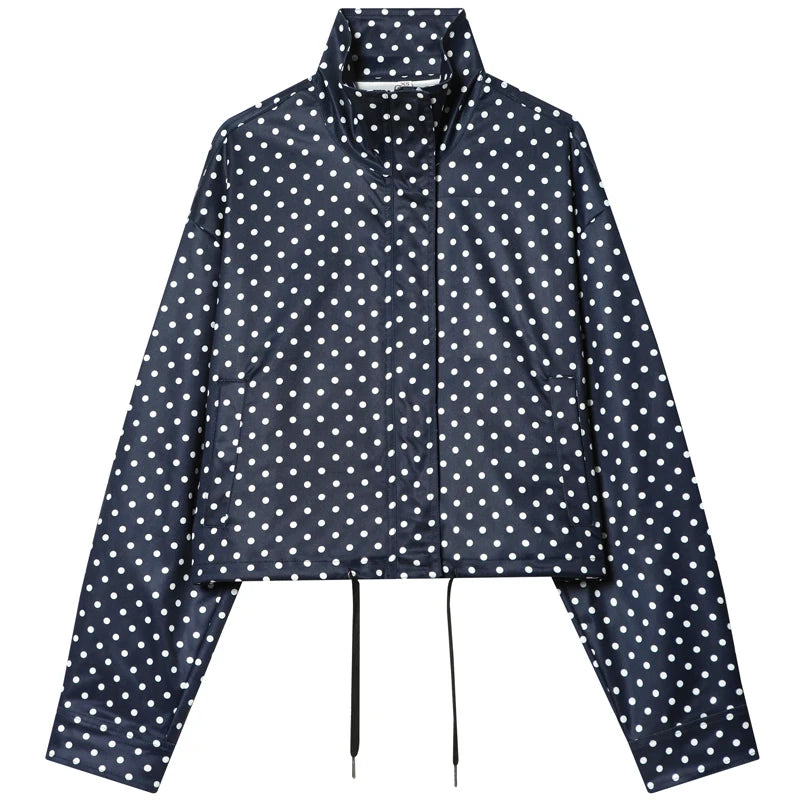 Polka Dot Bomber Jacket Women's Zip Up Crop Coat
