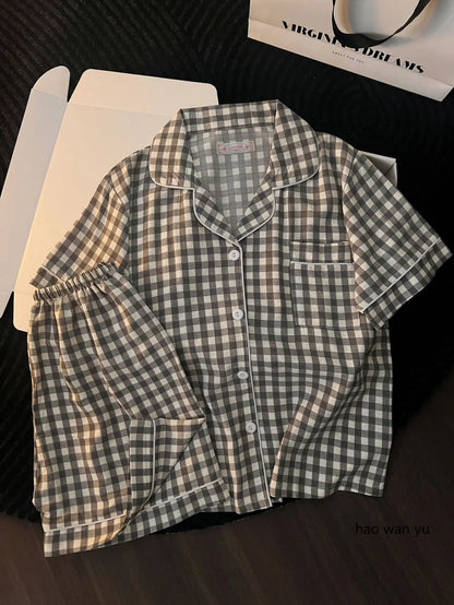 Japanese Minimalist Women's Pink Plaid Pajamas