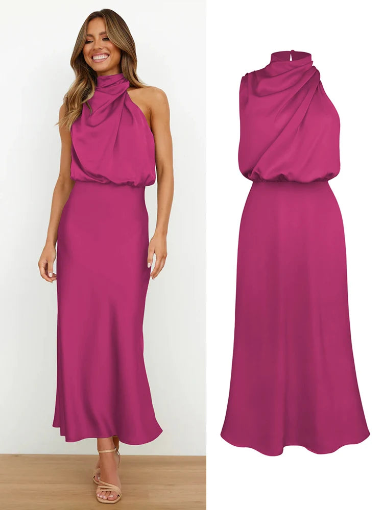 Elegant Silk Satin Sleeveless Long Dress for Women