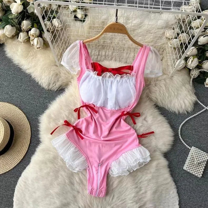 Women Transparent Lace Up Halter Bodysuit Romper