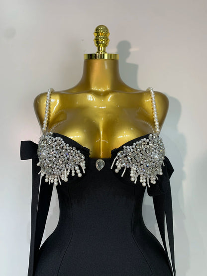 Women Backless Bodycon Bandage Dress with Pearls