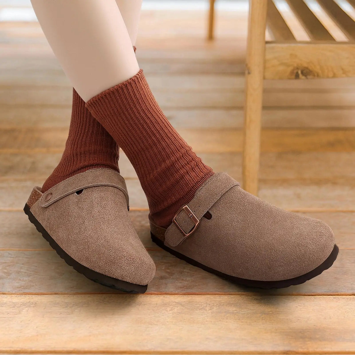 Genuine Leather Clogs with Cork Footbed for Women