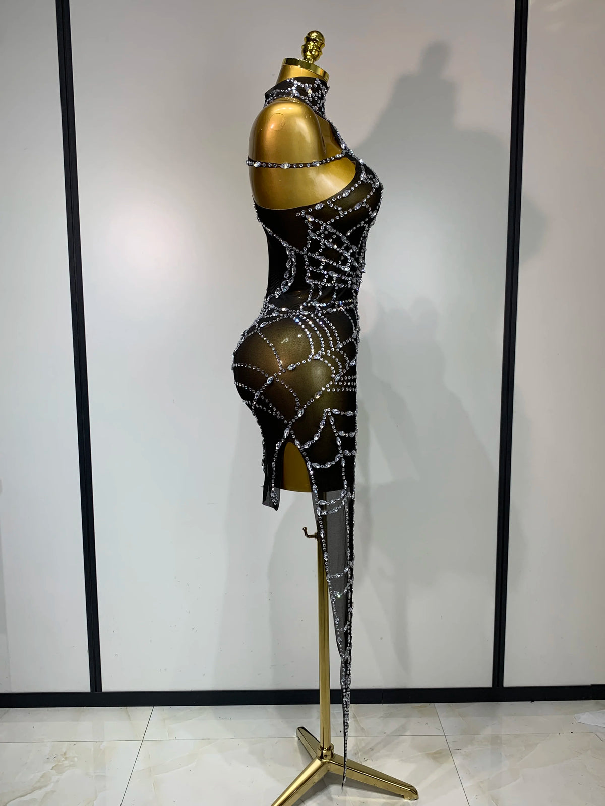 Black Mesh Crystal Diamond Bodycon Dress for Women