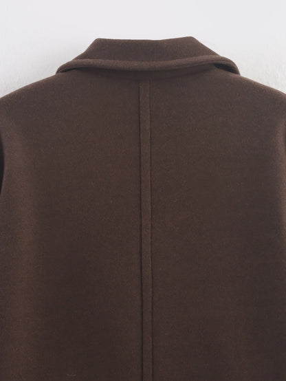 Brown Woolen Coat for Women with Notch Neck