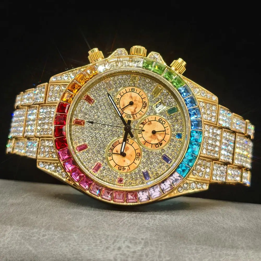 Fashion Gold Quartz Wristwatch for Men with Rainbow Diamonds