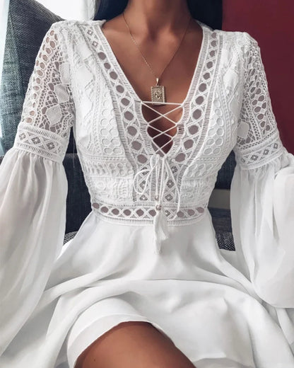 Women's Slim V Neck Chiffon Mini Dress with Ruffles