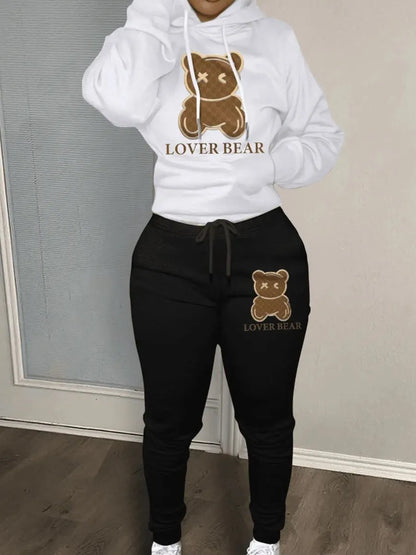 Plus Size Cartoon Bear Print Hooded Sweater Set