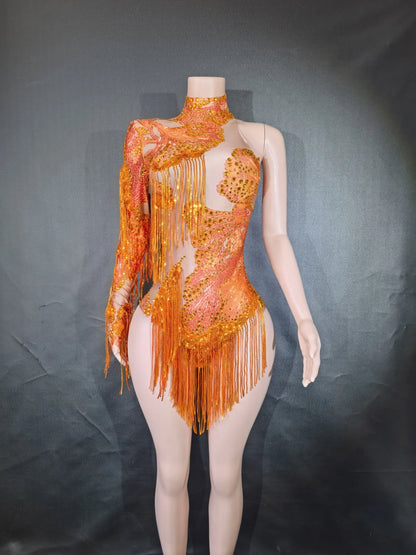 Rhinestone Tassel Elastic Bodysuit for Women
