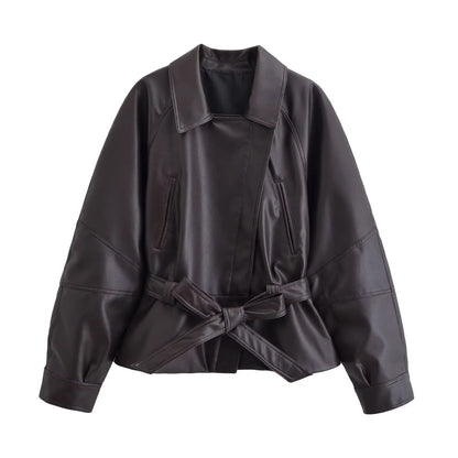 Black Faux Leather Vintage Trench Coat for Women