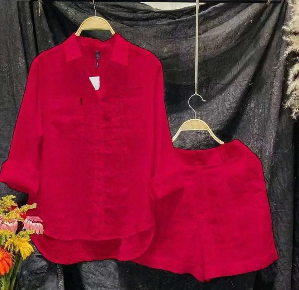 Cotton Linen Casual White Shirt and Shorts Set
