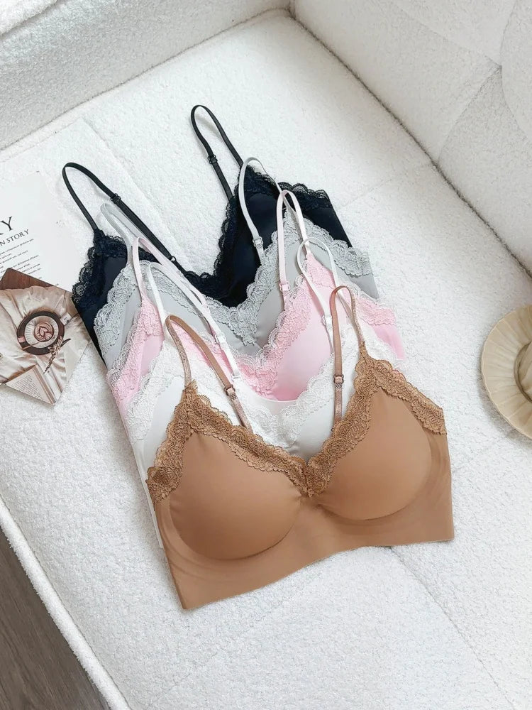French Lace V Neck Seamless Wireless Bra S-XL