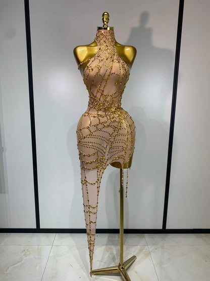 Black Mesh Crystal Diamond Bodycon Dress for Women