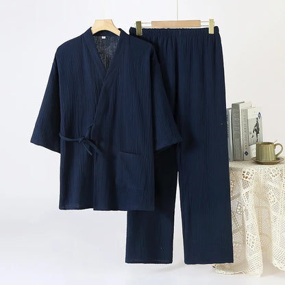 Cotton Couple Kimono Robes with Long Trousers Set
