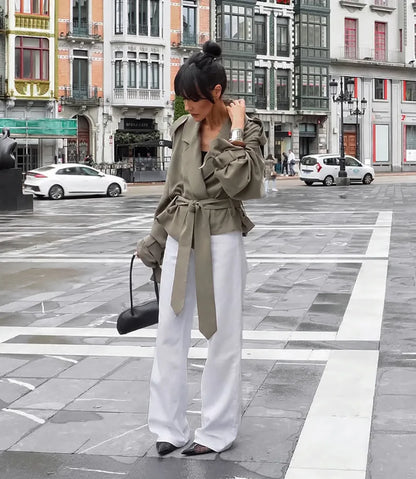 Lapel Lace Up Trench Coat Women Casual Long Sleeve