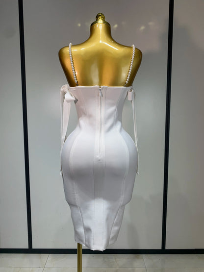 Women Backless Bodycon Bandage Dress with Pearls