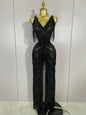Sparkly Black Rhinestone Fringe Jumpsuit for Women