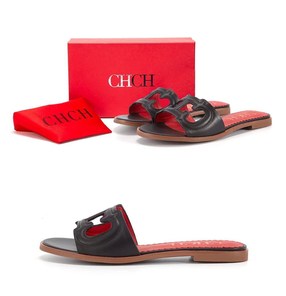 CHCH Women's Black Flat Indoor Slippers