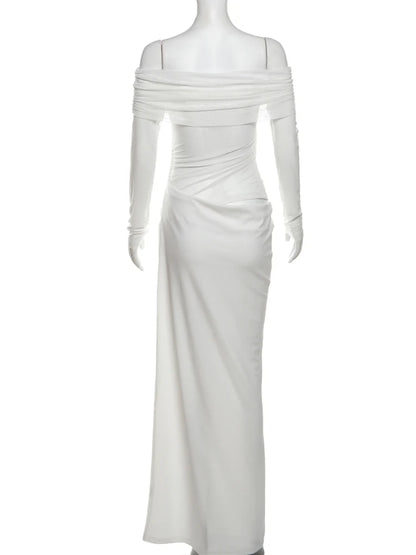 Elegant Slash Neck Ruched Mesh Dress for Women