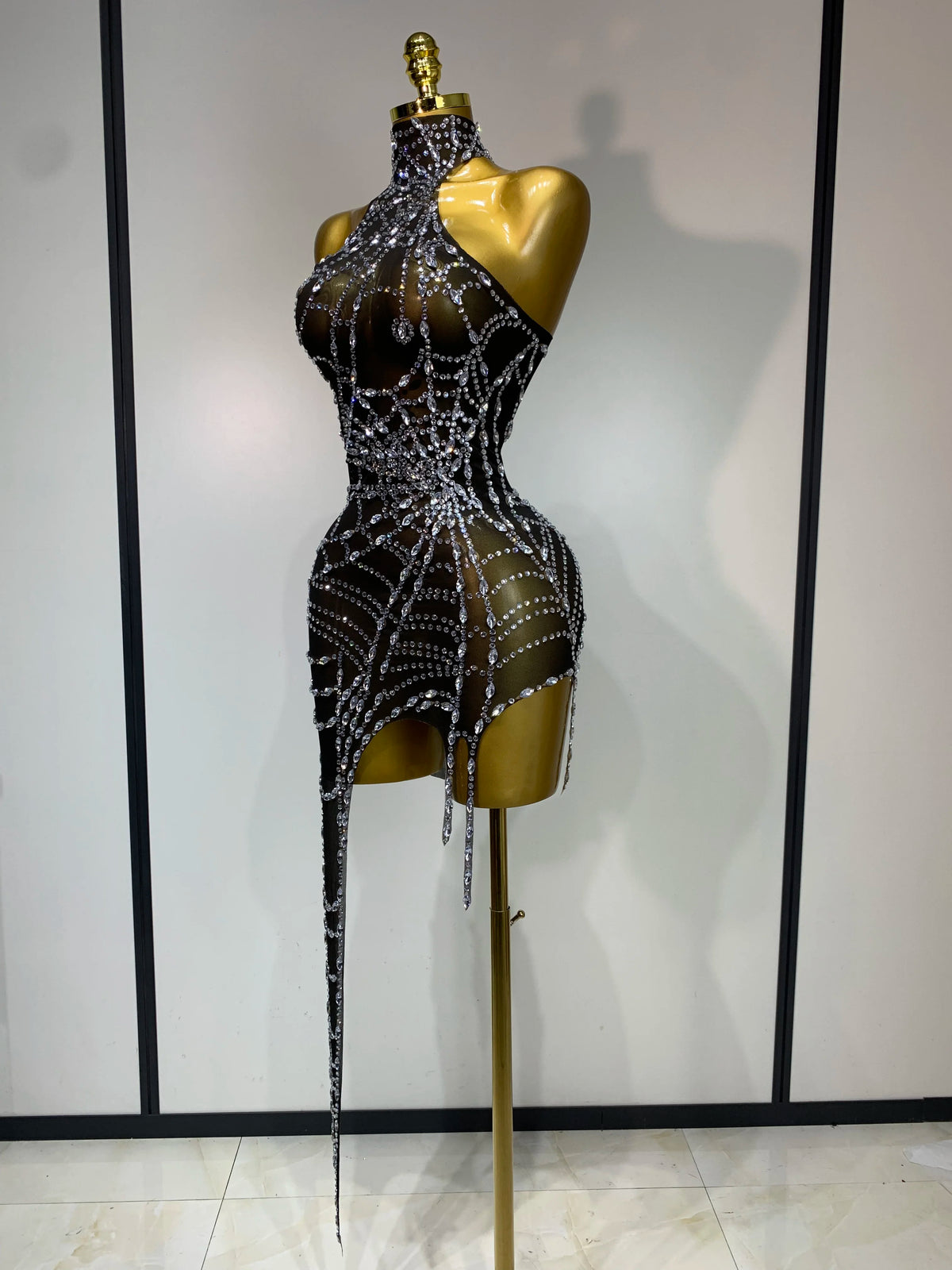 Black Mesh Crystal Diamond Bodycon Dress for Women