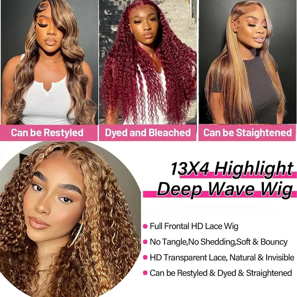 Highlight Curly Wig 13x4 Lace Front Human Hair Deep Wave