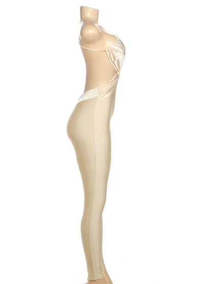 Kliou Women Jumpsuit Backless Silky Skinny Overalls